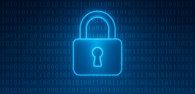 Candado digital sobre fondo de código binario que representa protección contra ciberataques y seguridad empresarial