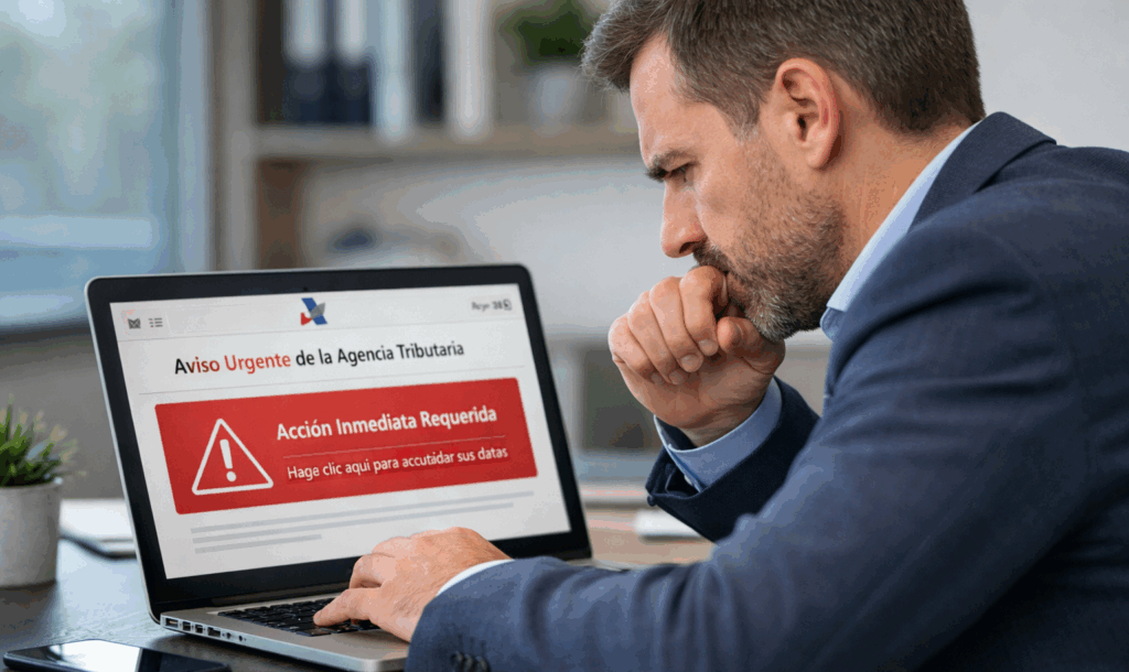 Cómo están usando Verifactu para estafar a empresas 1 Empresario revisando un correo sospechoso sobre Verifactu en su portátil