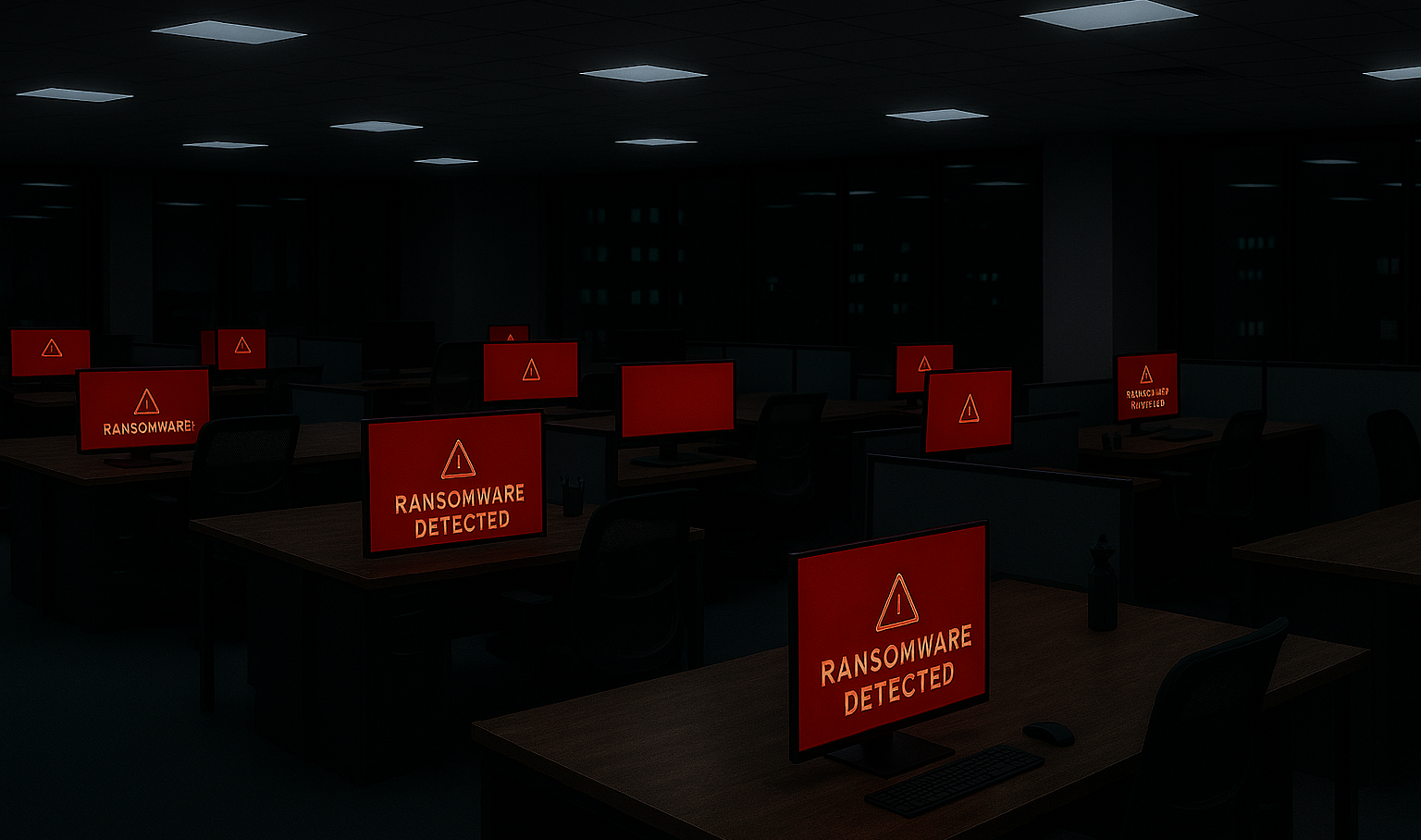 Cómo proteger tu negocio del fraude online 1 Oficina moderna vacía por la noche con alertas de ransomware en las pantallas de los ordenadores, simulando un escenario de fraude online.