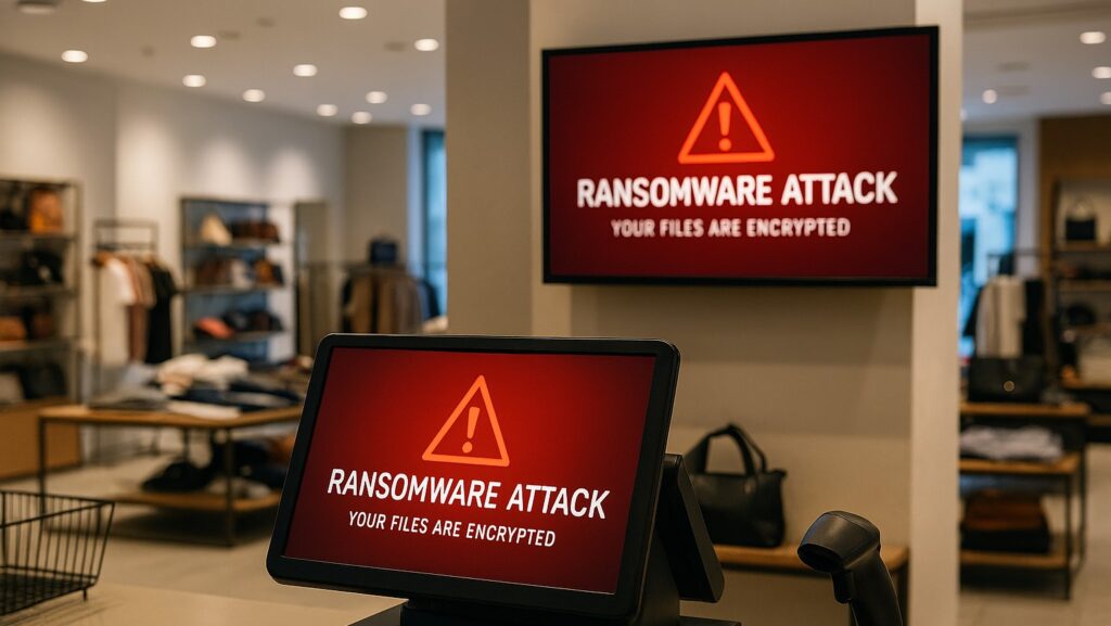 Pantallas bloqueadas en tienda retail mostrando mensaje de ataque ransomware: "Your files are encrypted".