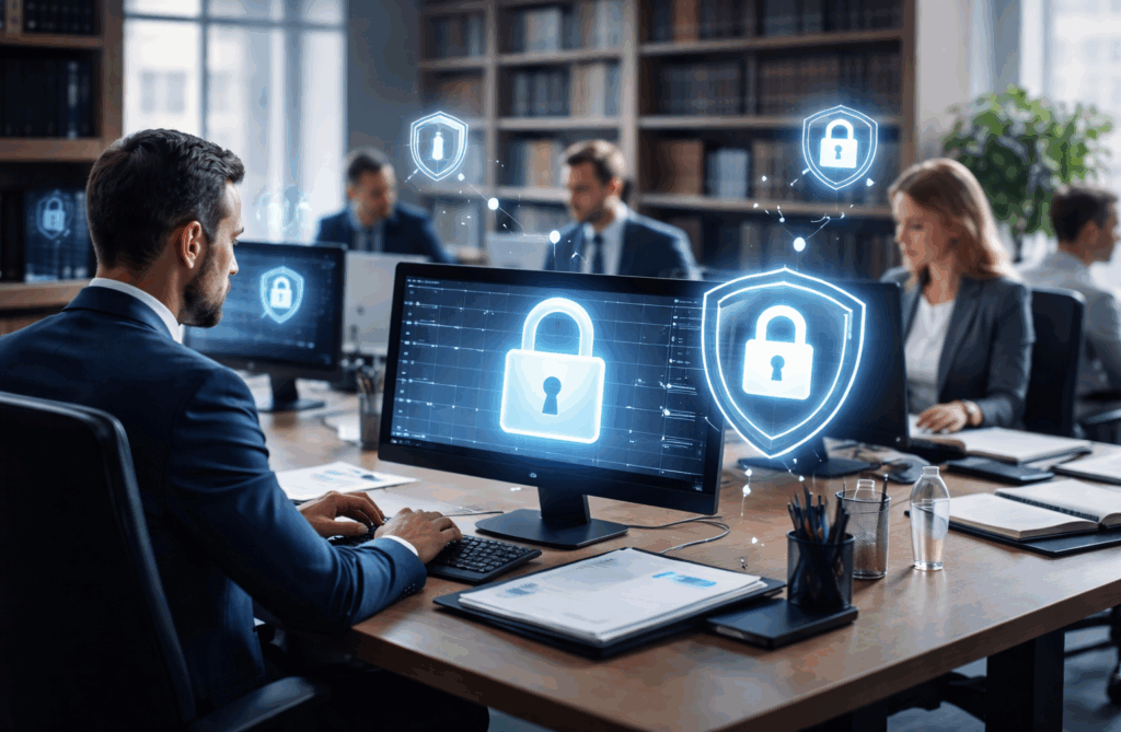 Abogados trabajando en un despacho moderno con iconos de candados y escudos flotando sobre sus computadoras, representando la ciberseguridad para abogados y la protección de información sensible.